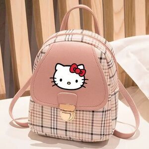Cute Plaid & Floral Design Hello Kitty Adjustable Strap Nylon Backpack 8" x 6"